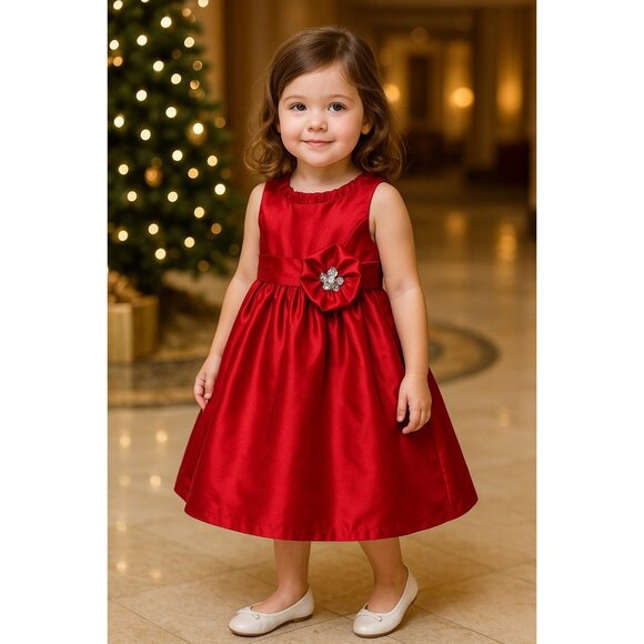 Lilybird Girls 4T Red Satin Holiday Dress Bow Flower Detail Party Formal - Picture 1 of 13
